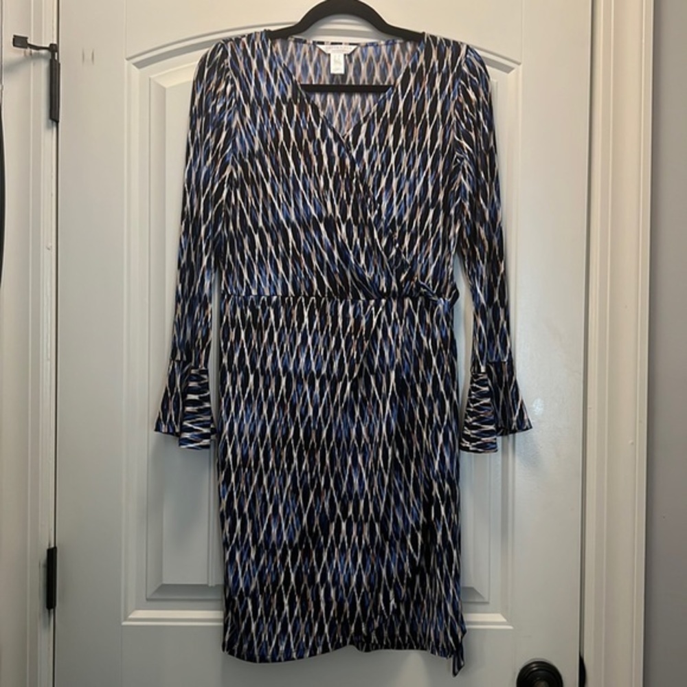 London Times Tina Diamond Print Faux Wrap  Bell Sleeve‎ Midi Dress Size 10p